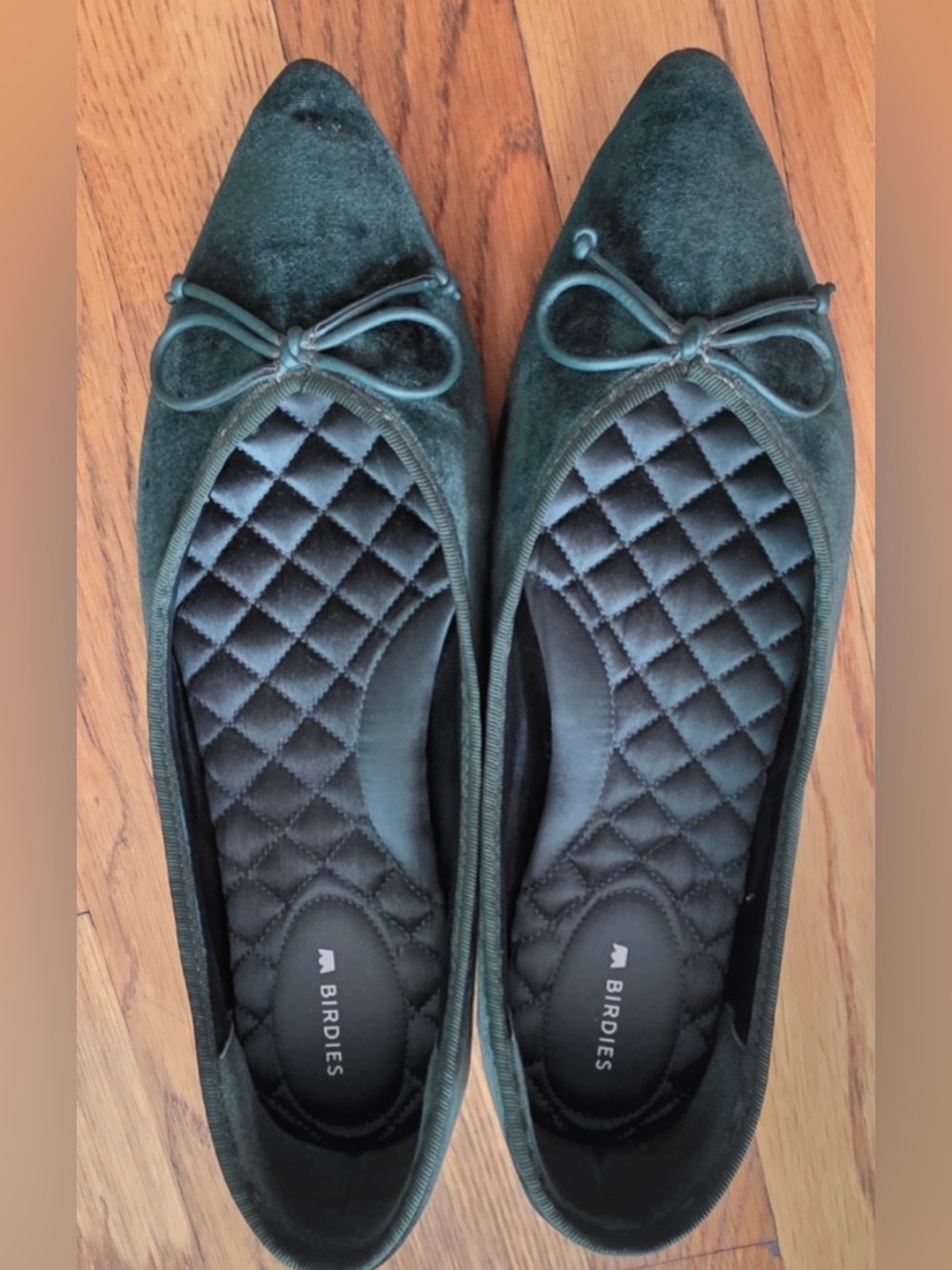 Birdies Goldfinch Dark Green Velvet Pointed Toe Flats with Bow